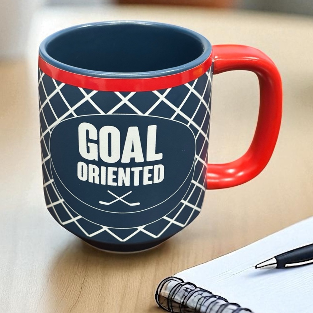 NWT INDIGO Goal Oriented Mug Ceramic Hockey Gift Win Blue Red White